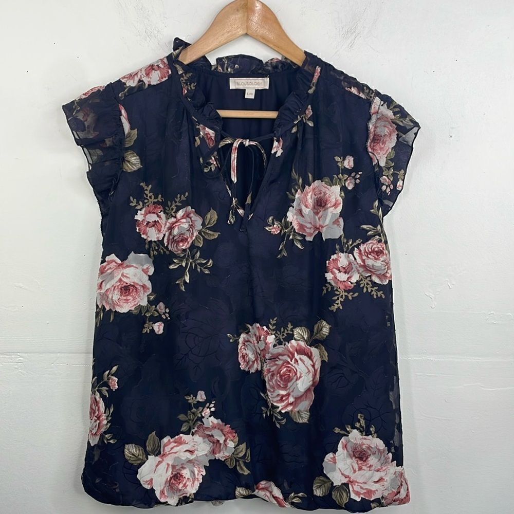Blousology Floral Ruffle Short Sleeve Popover Blouse Top Cottagecore size Large